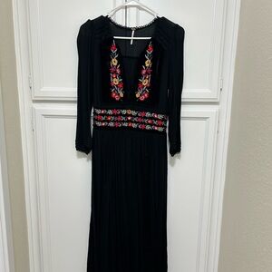 Free People Black Midi Dress with Colorful Embroidery